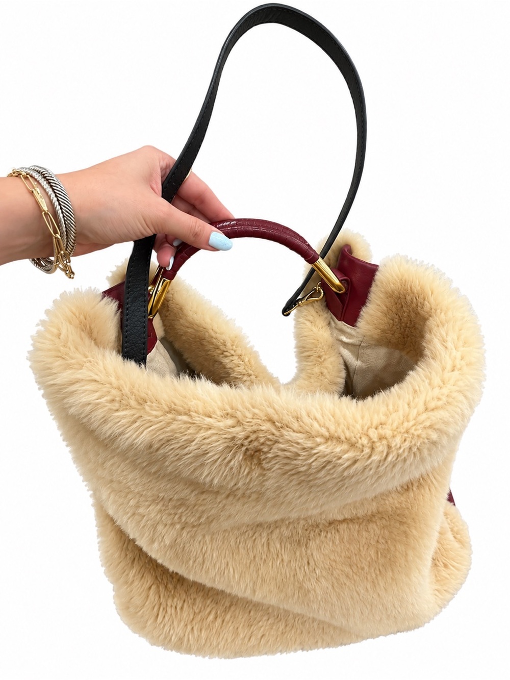 Etienne Aigner Shearling Fur Leather Shoulder Bag Burgundy Beige Large Tote